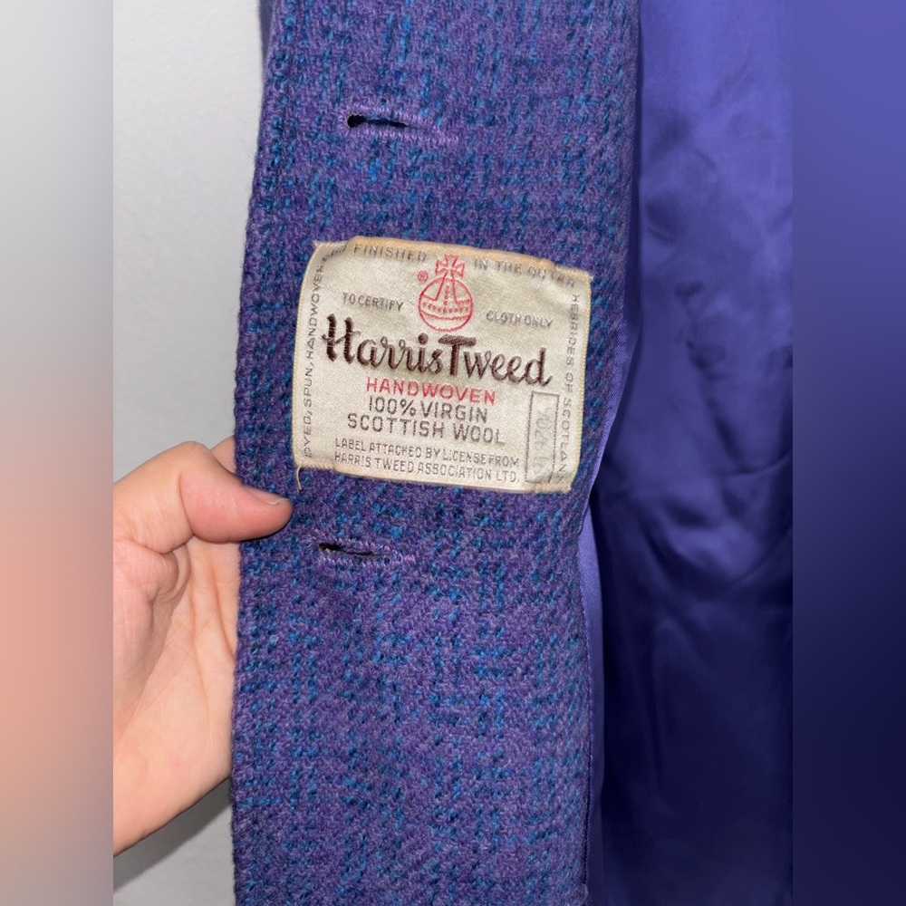 Vintage 50s 60s Harris Tweed purple Wool Trench Coat L - Picture 8 of 8